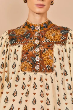 FARM Rio  BEIGE AINIKA FLORAL LONG SLEEVE BLOUSE
