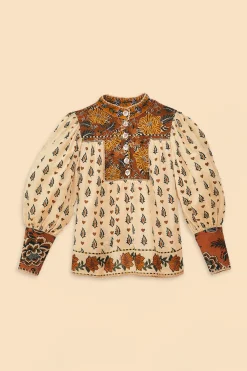 FARM Rio  BEIGE AINIKA FLORAL LONG SLEEVE BLOUSE