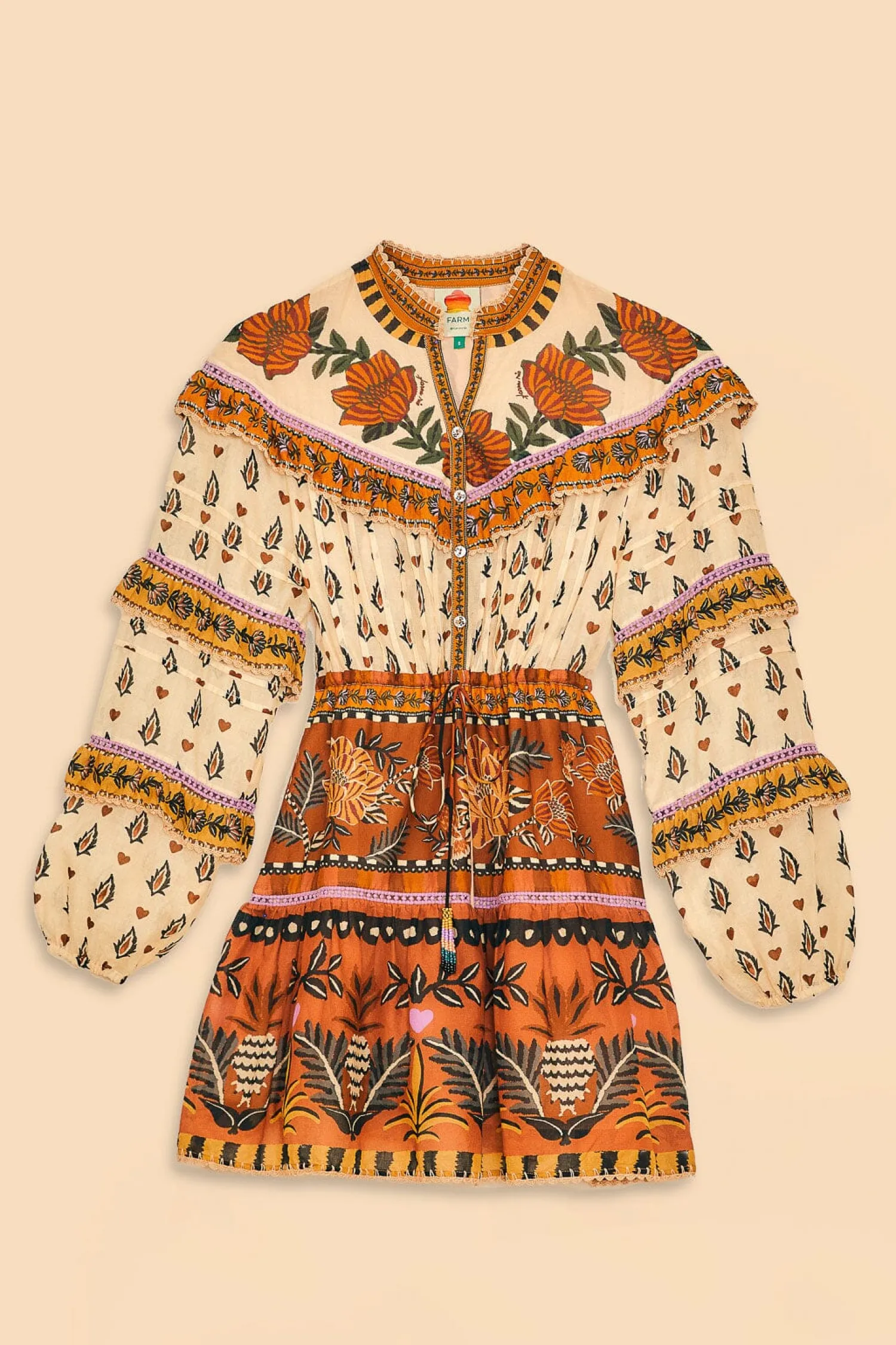 FARM Rio BEIGE AINIKA FLORAL RUFFLE MINI DRESS
