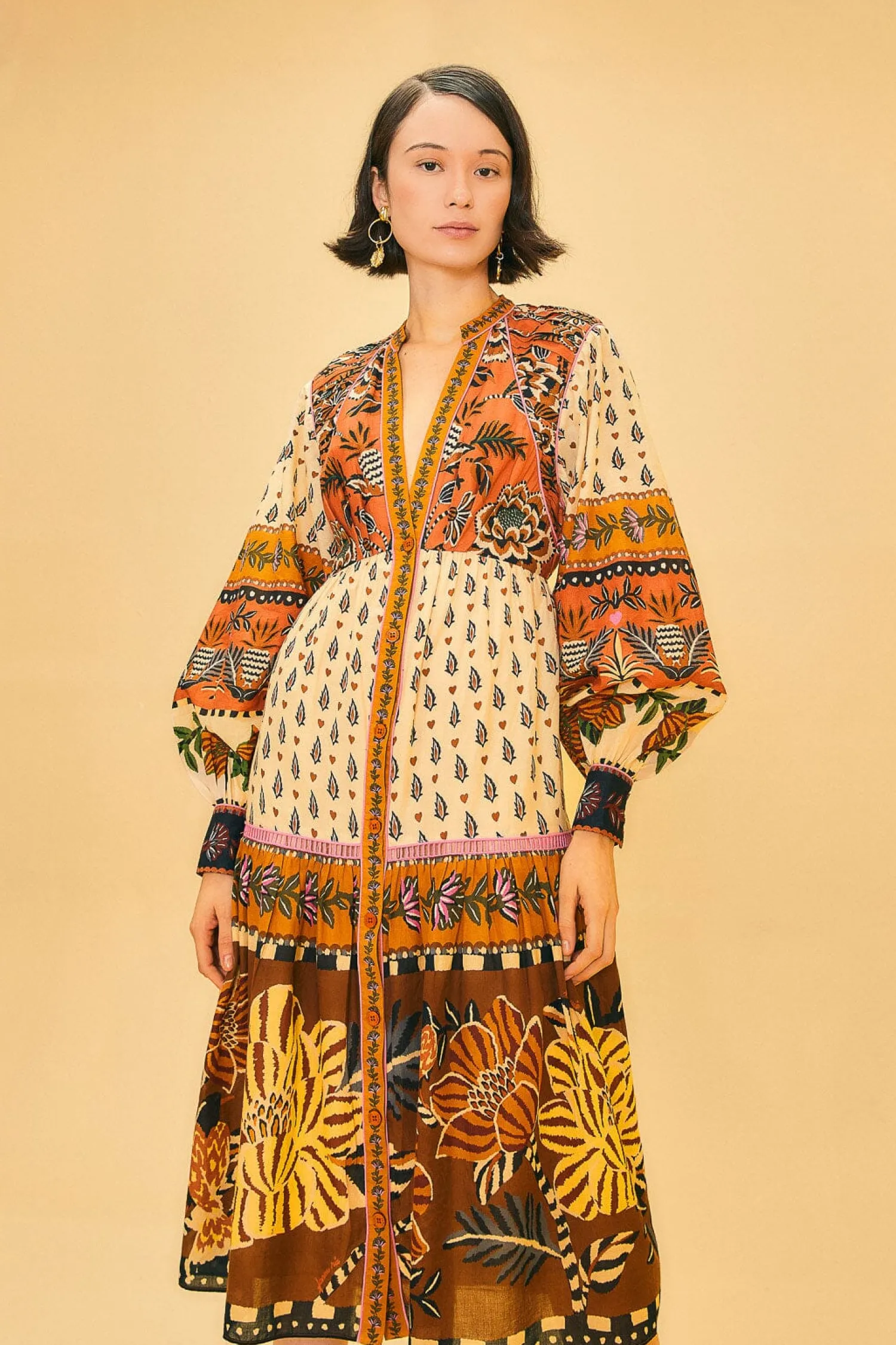 FARM Rio BEIGE AINIKA FLORAL V NECK MIDI DRESS