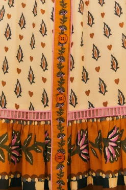 FARM Rio BEIGE AINIKA FLORAL V NECK MIDI DRESS