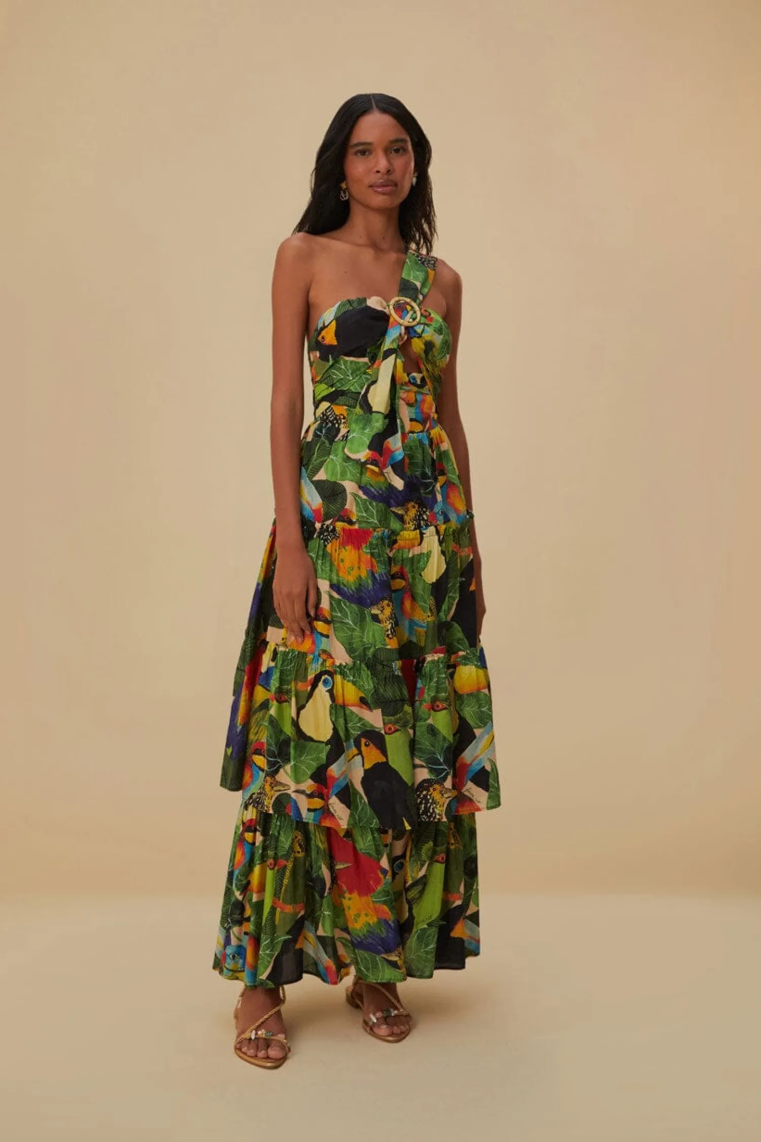 FARM Rio BIRD LEAVES SAND ONE SHOULDER MAXI DRESS