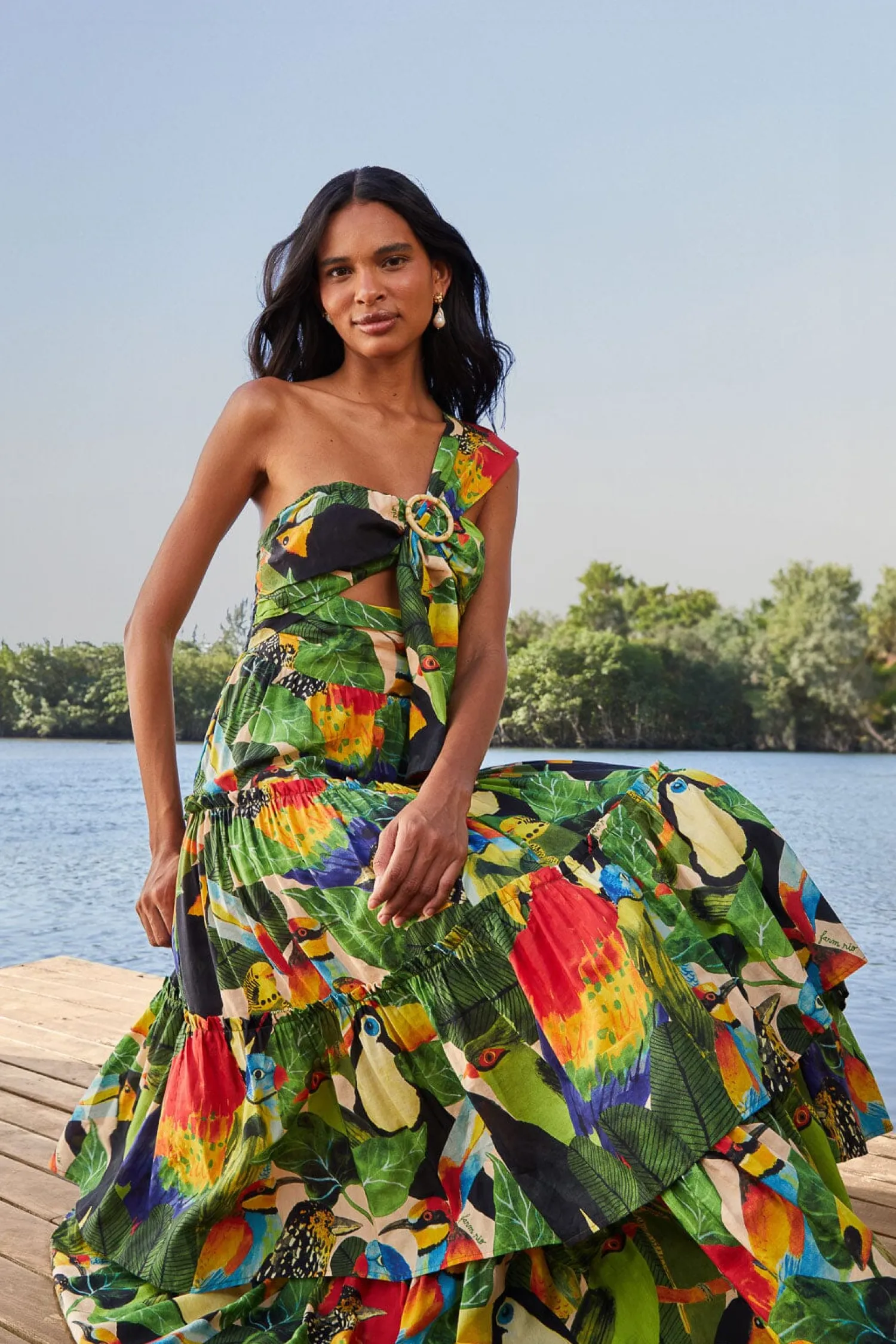 FARM Rio BIRD LEAVES SAND ONE SHOULDER MAXI DRESS