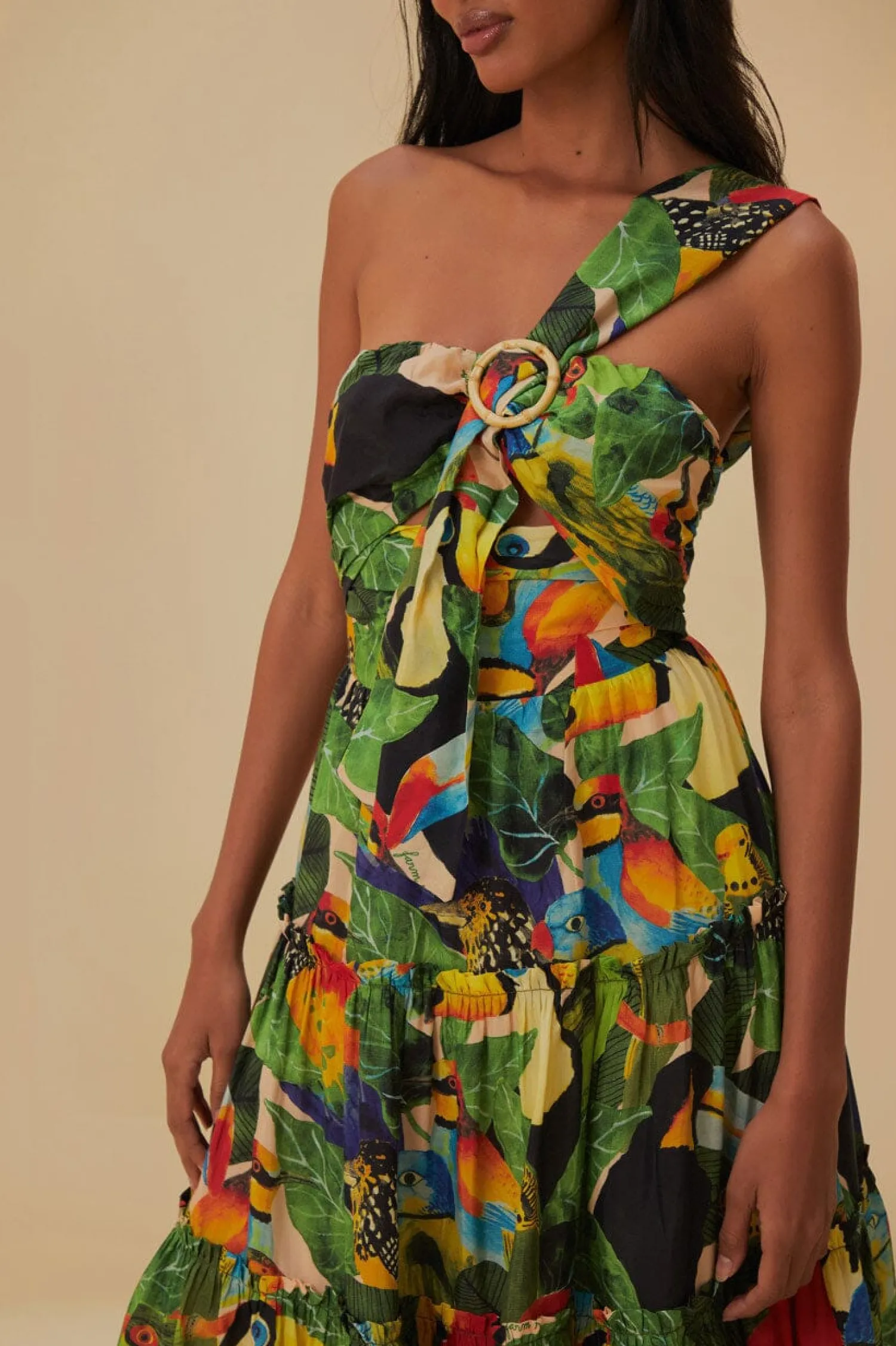 FARM Rio BIRD LEAVES SAND ONE SHOULDER MAXI DRESS