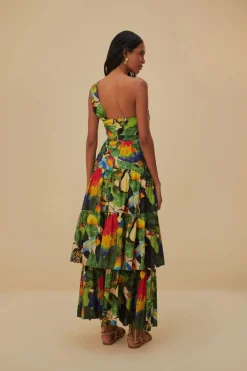 FARM Rio BIRD LEAVES SAND ONE SHOULDER MAXI DRESS