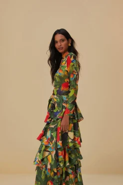 FARM Rio  BIRD LEAVES SAND TIERED BOW DETAIL MAXI SKIRT