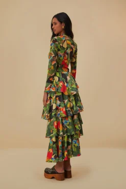 FARM Rio  BIRD LEAVES SAND TIERED BOW DETAIL MAXI SKIRT