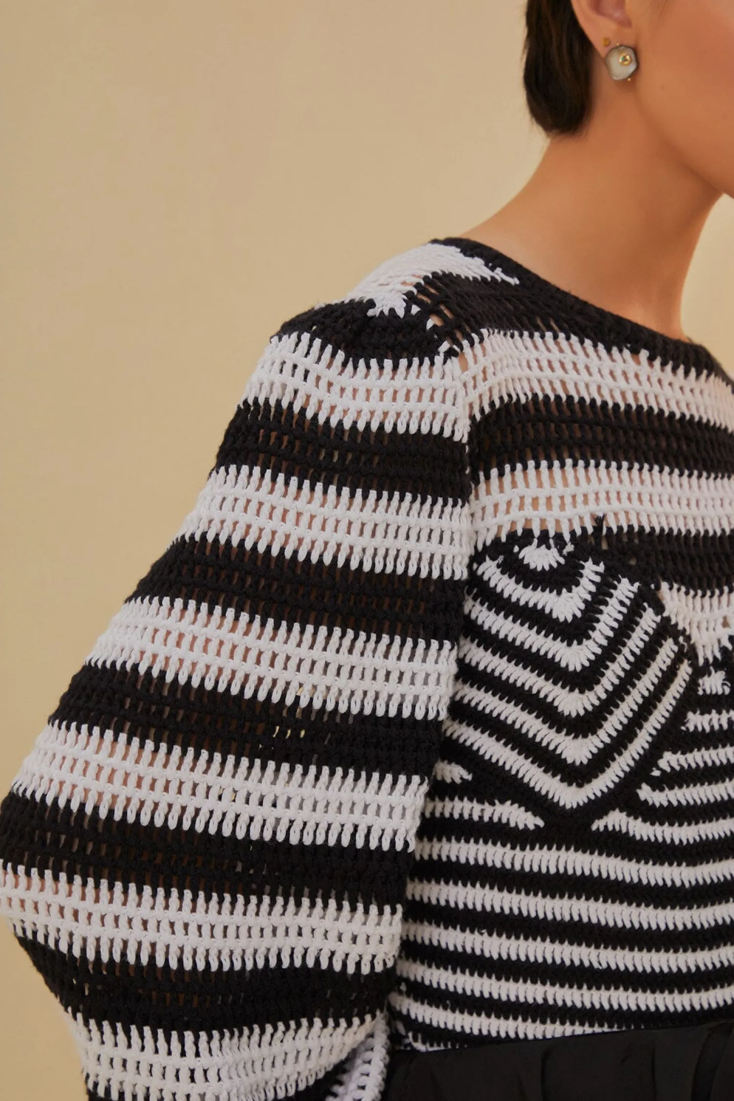 FARM Rio BLACK AND WHITE STRIPES CROCHET BLOUSE