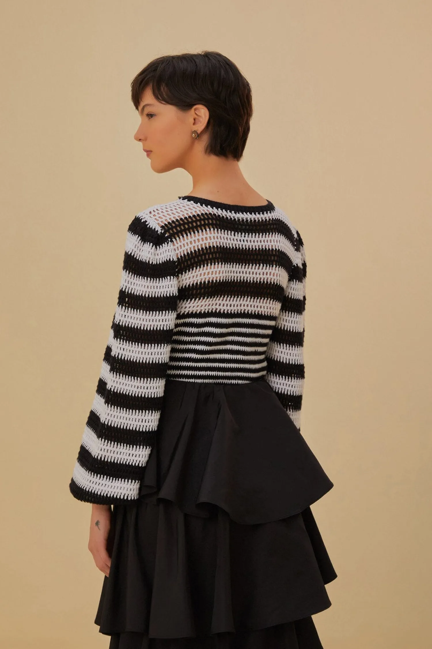 FARM Rio BLACK AND WHITE STRIPES CROCHET BLOUSE