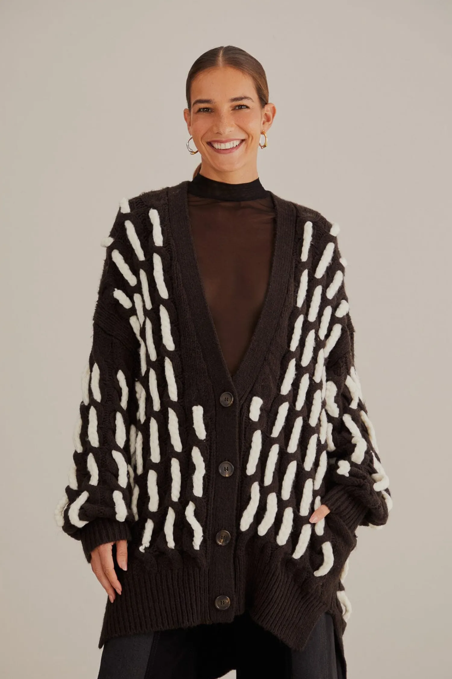 FARM Rio BLACK AND WHITE TEXTURED KNIT CARDIGAN