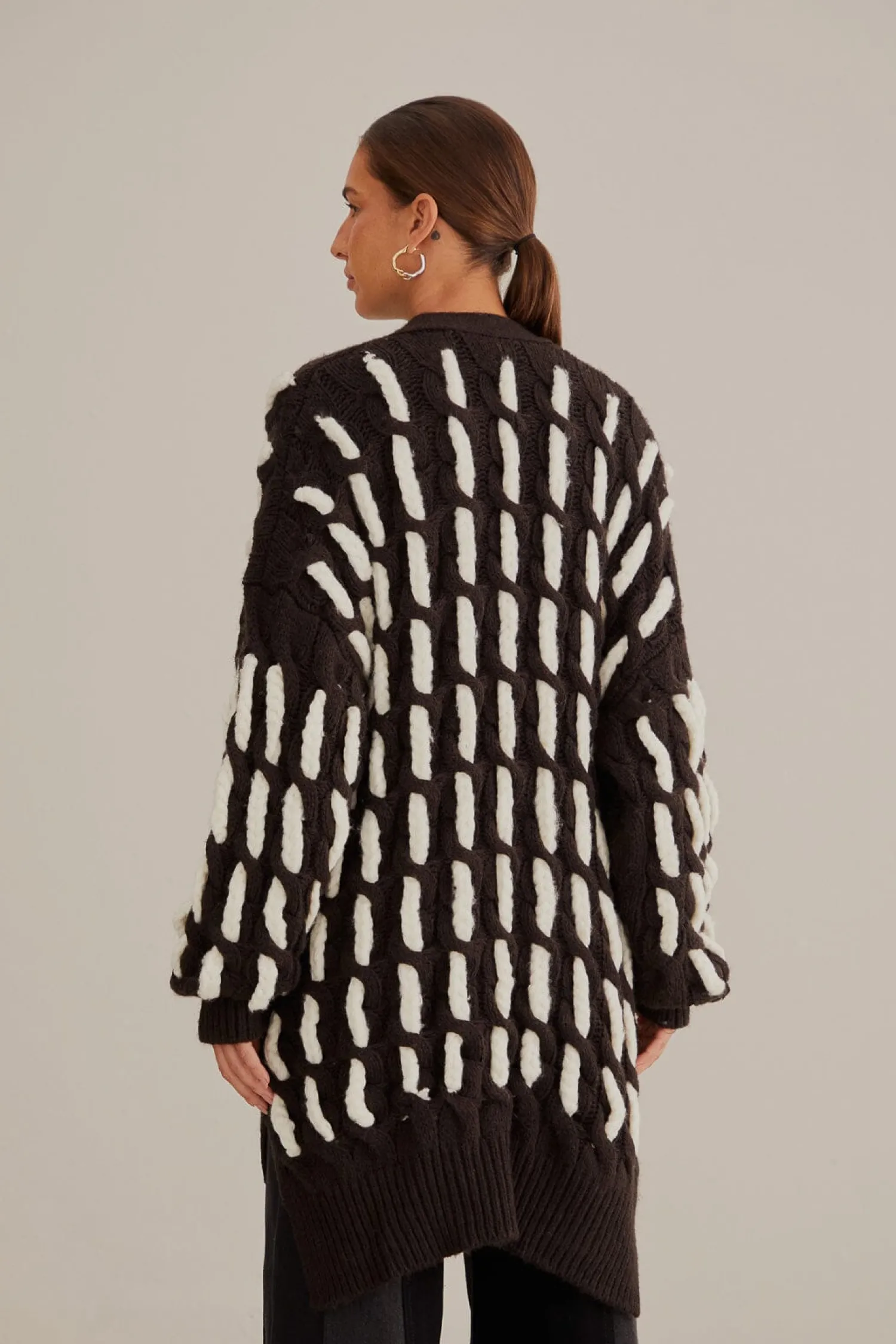 FARM Rio BLACK AND WHITE TEXTURED KNIT CARDIGAN