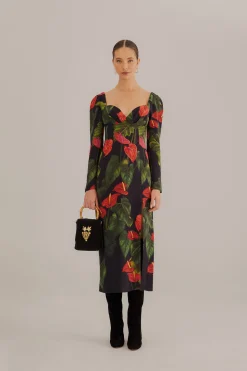 FARM Rio BLACK ANTHURIUM SLIT MIDI DRESS