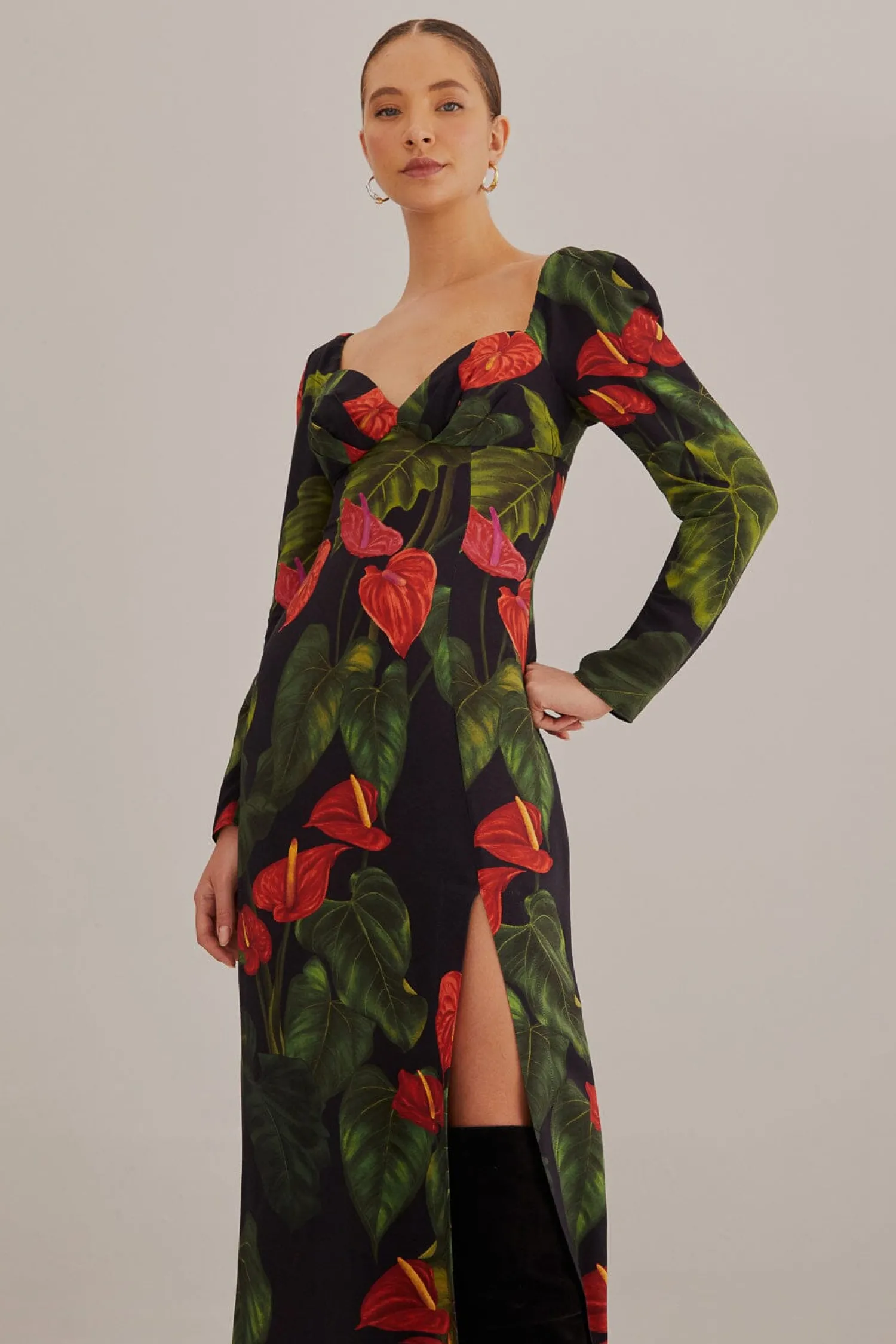 FARM Rio BLACK ANTHURIUM SLIT MIDI DRESS