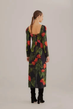 FARM Rio BLACK ANTHURIUM SLIT MIDI DRESS