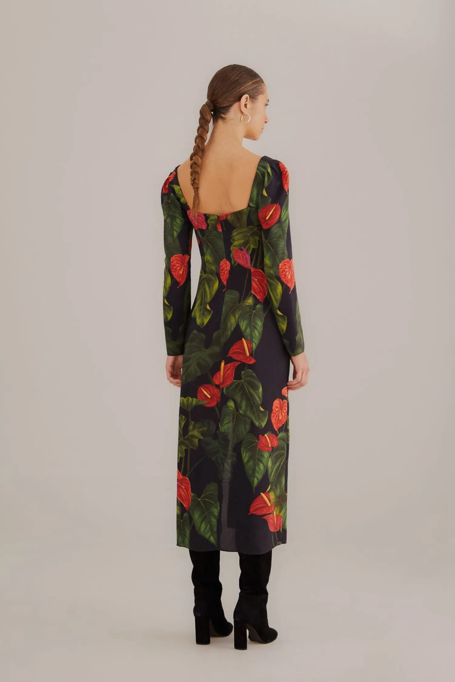 FARM Rio BLACK ANTHURIUM SLIT MIDI DRESS