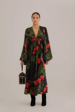 FARM Rio BLACK ANTHURIUM V NECK MAXI DRESS