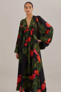 FARM Rio  BLACK ANTHURIUM V NECK MAXI DRESS