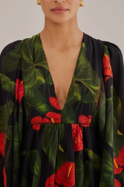 FARM Rio  BLACK ANTHURIUM V NECK MAXI DRESS