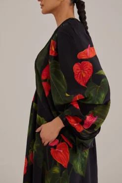 FARM Rio  BLACK ANTHURIUM V NECK MAXI DRESS