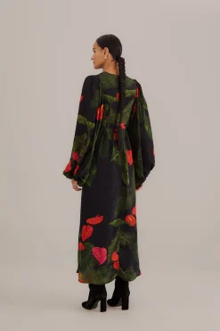 FARM Rio  BLACK ANTHURIUM V NECK MAXI DRESS