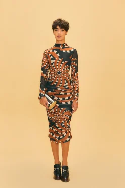 FARM Rio BLACK BANANADA DARK TULLE MIDI DRESS
