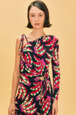 FARM Rio  BLACK BANANA DOTS ONE SHOULDER MIDI DRESS