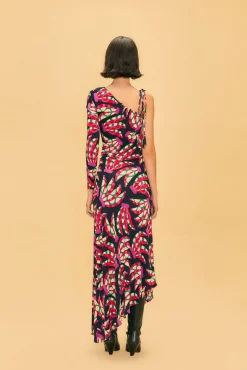 FARM Rio  BLACK BANANA DOTS ONE SHOULDER MIDI DRESS