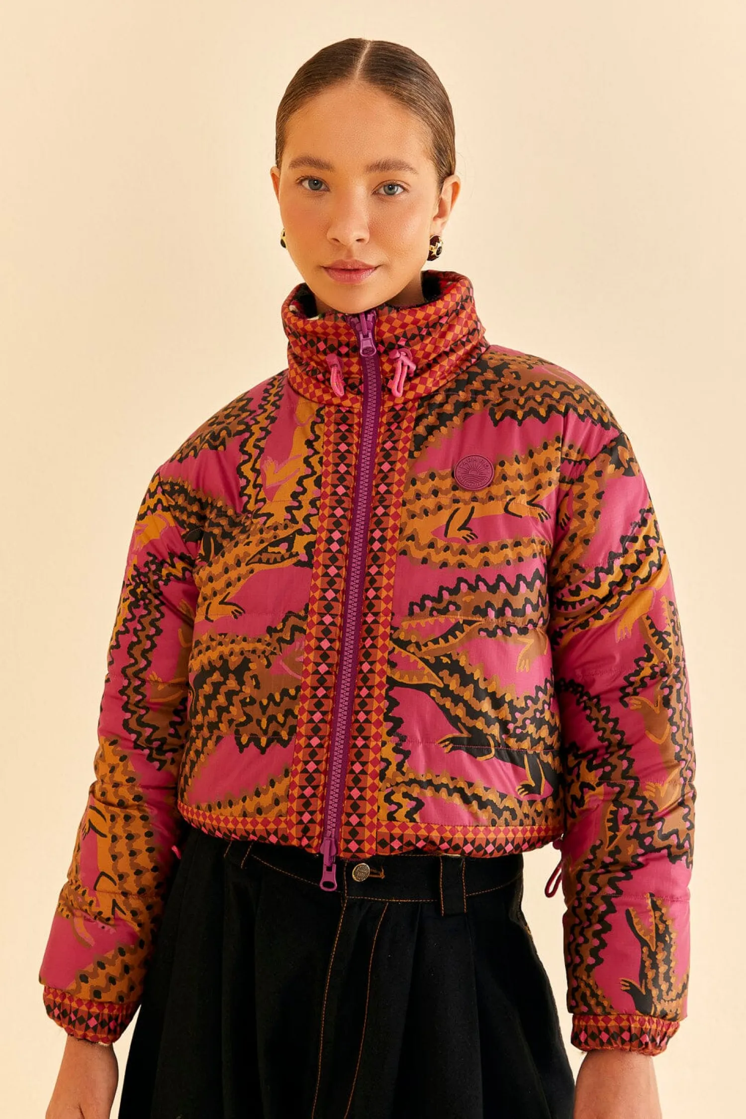 FARM Rio BLACK BANANA DOTS TRICOT REVERSIBLE PUFFER JACKET