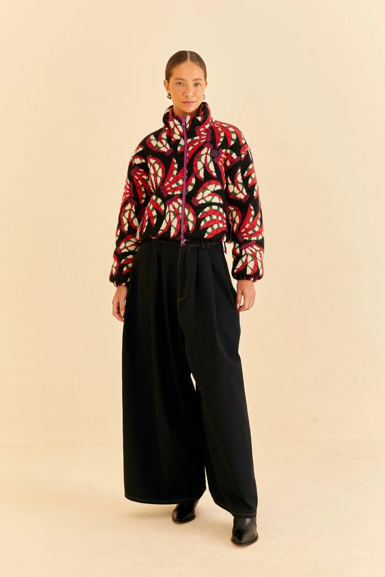 FARM Rio BLACK BANANA DOTS TRICOT REVERSIBLE PUFFER JACKET