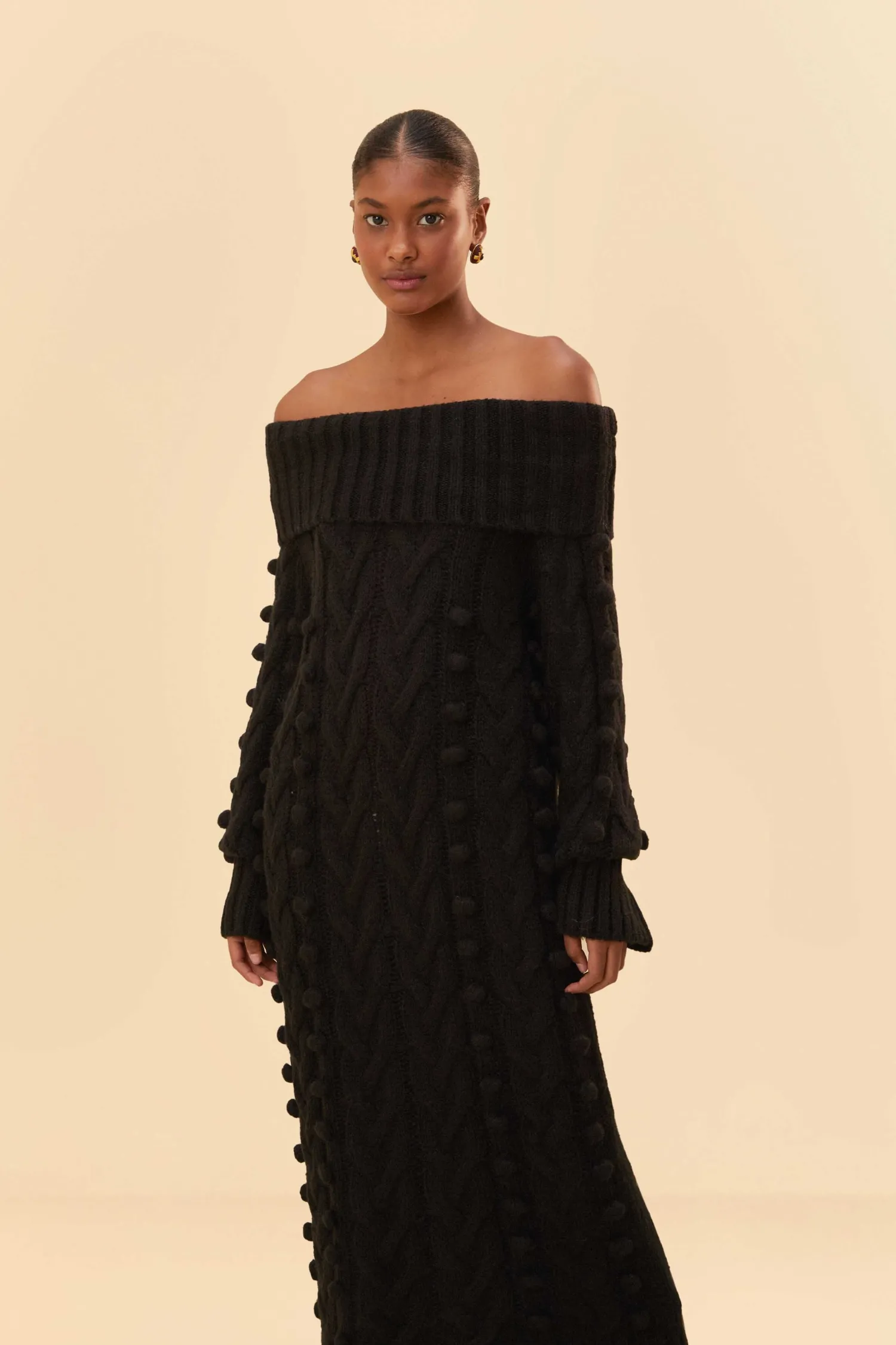 FARM Rio BLACK BRAIDED MIDI SWEATER DRESS