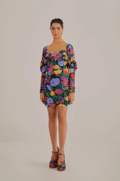 FARM Rio  BLACK BUCOLIC GARDEN LONG SLEEVE MINI DRESS
