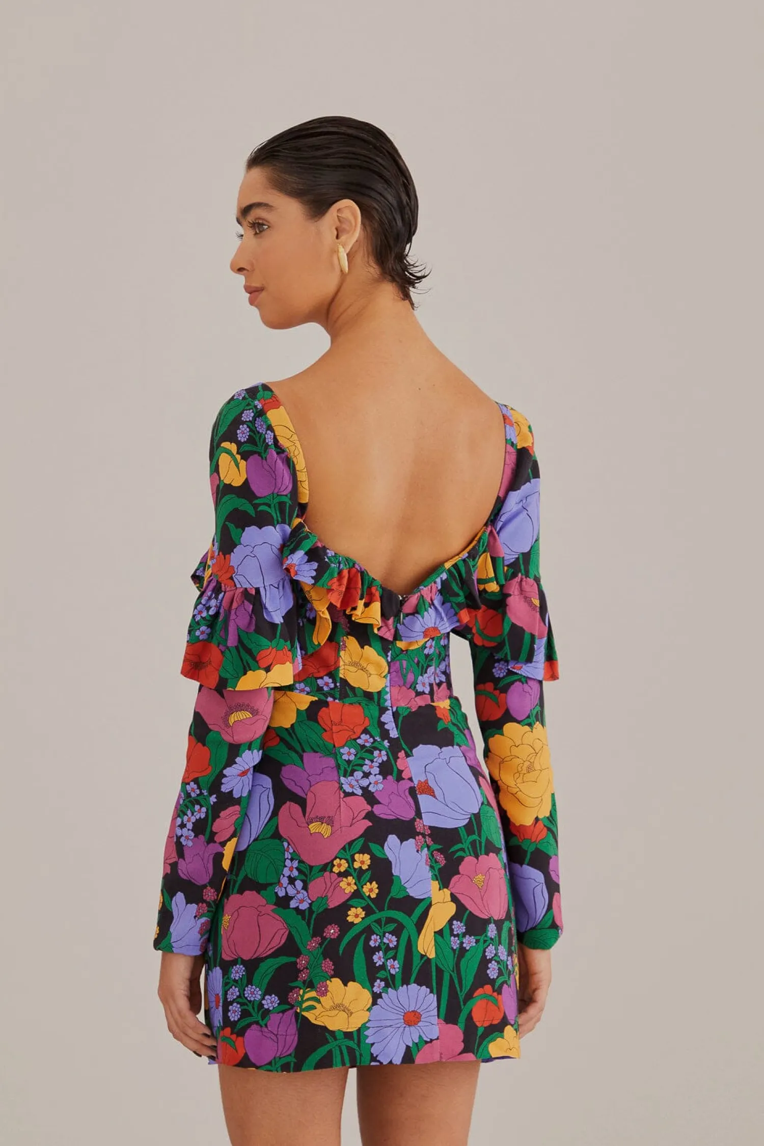 FARM Rio BLACK BUCOLIC GARDEN LONG SLEEVE MINI DRESS