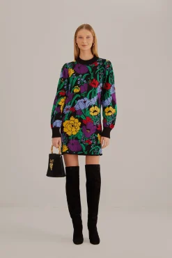 FARM Rio  BLACK BUCOLIC GARDEN SWEATER DRESS
