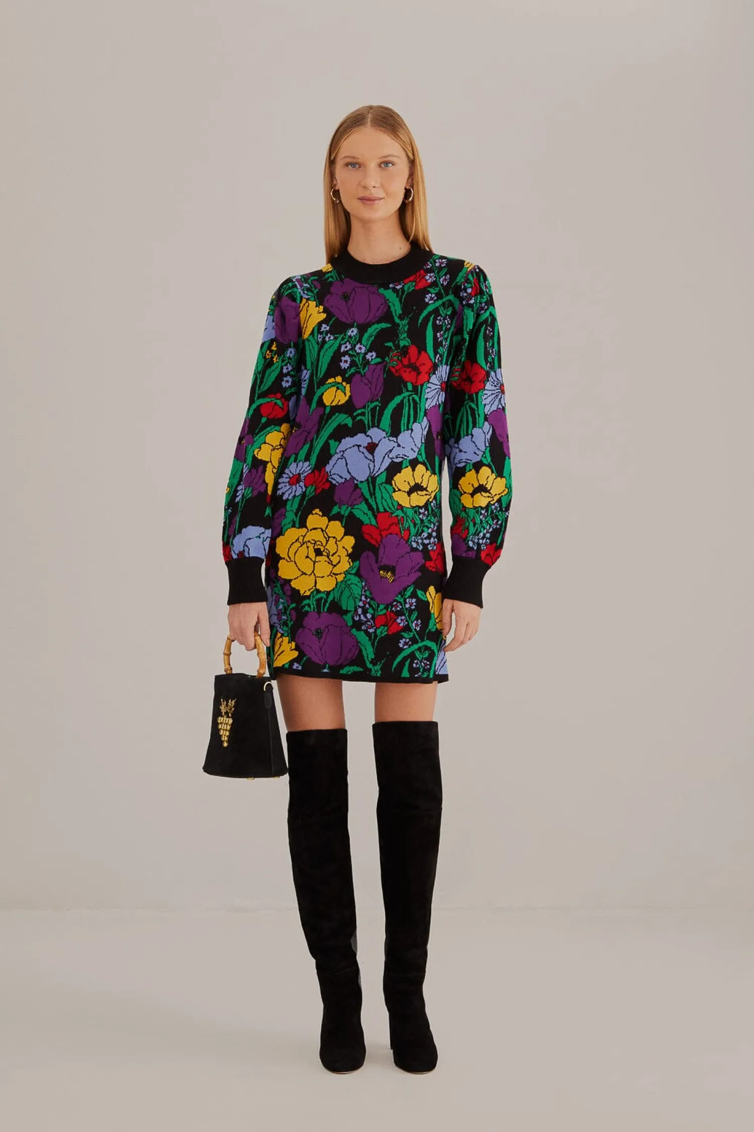 FARM Rio BLACK BUCOLIC GARDEN SWEATER DRESS