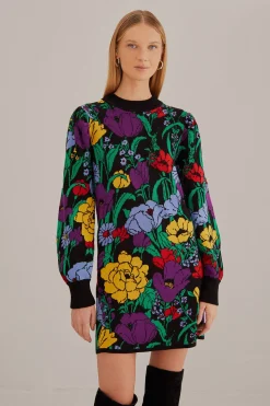 FARM Rio BLACK BUCOLIC GARDEN SWEATER DRESS