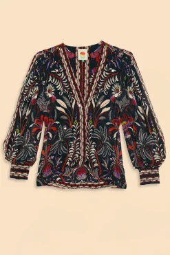 FARM Rio BLACK CLASSIC GARDEN MIRROR TRIM BLOUSE