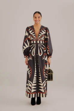 FARM Rio BLACK COCONUT GROVE PUFF SLEEVE MAXI DRESS