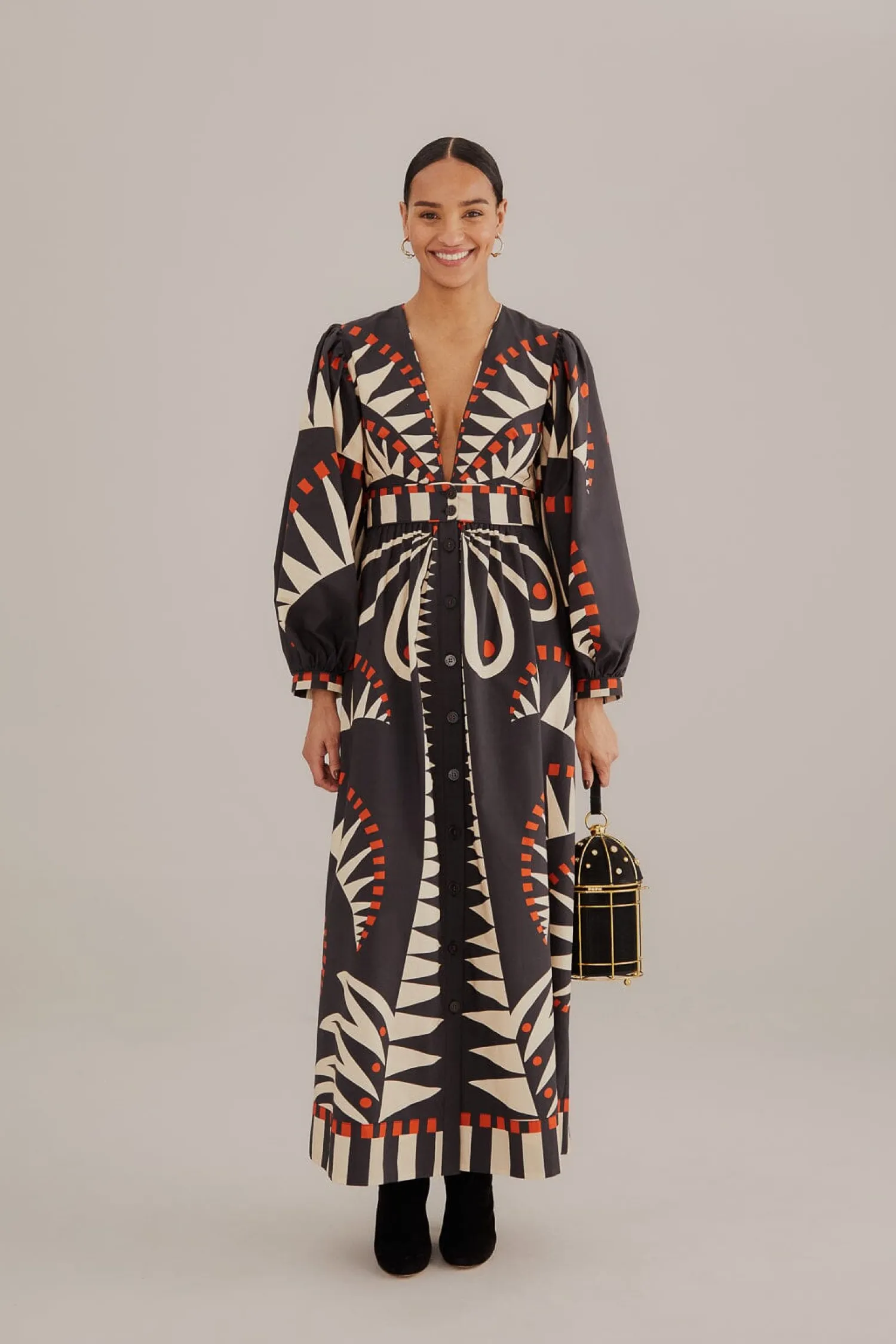 FARM Rio BLACK COCONUT GROVE PUFF SLEEVE MAXI DRESS