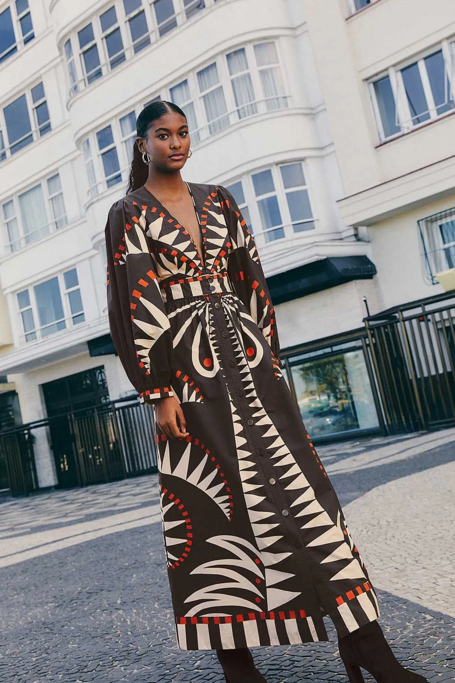 FARM Rio BLACK COCONUT GROVE PUFF SLEEVE MAXI DRESS