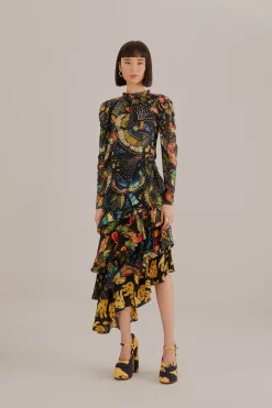 FARM Rio  BLACK COLORFUL BIRDS TULLE BLOUSE
