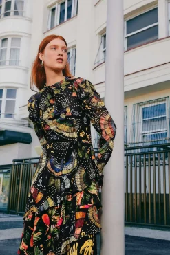 FARM Rio  BLACK COLORFUL BIRDS TULLE BLOUSE