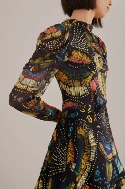 FARM Rio BLACK COLORFUL BIRDS TULLE BLOUSE