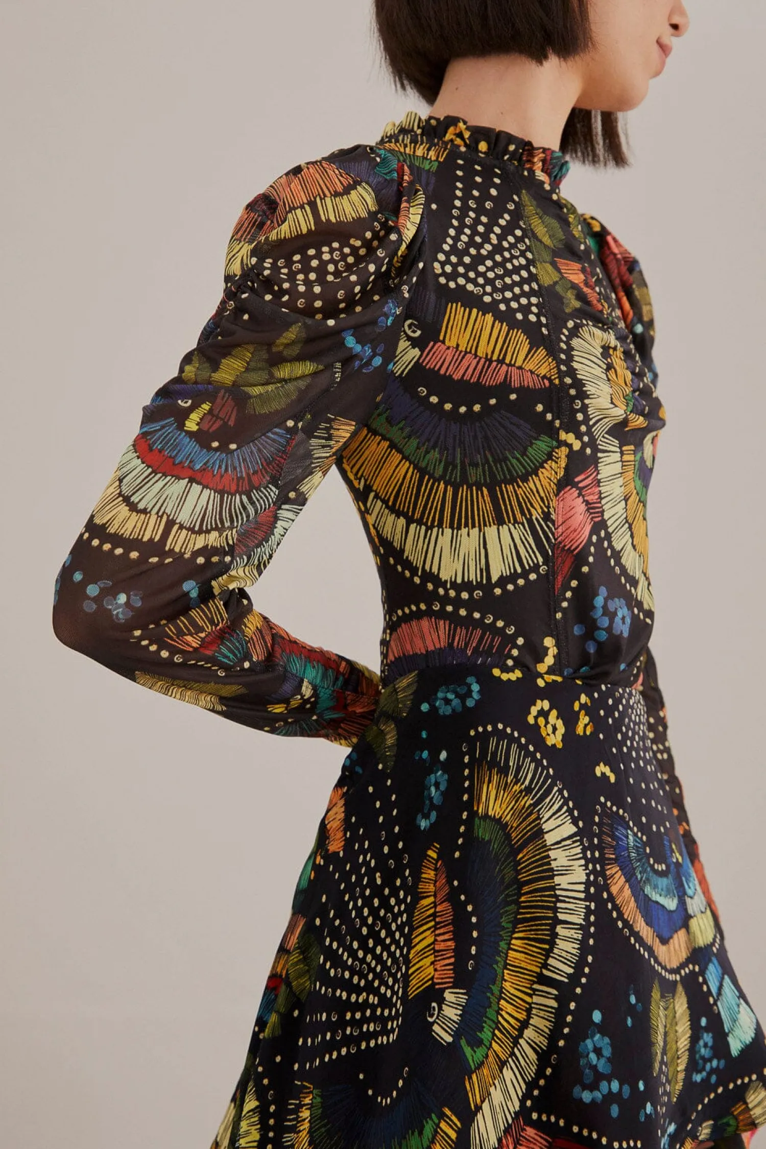 FARM Rio BLACK COLORFUL BIRDS TULLE BLOUSE
