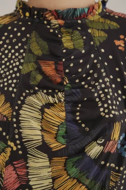 FARM Rio BLACK COLORFUL BIRDS TULLE BLOUSE