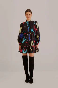 FARM Rio  BLACK COLORFUL TOGETHER  LONG SLEEVE MINI DRESS