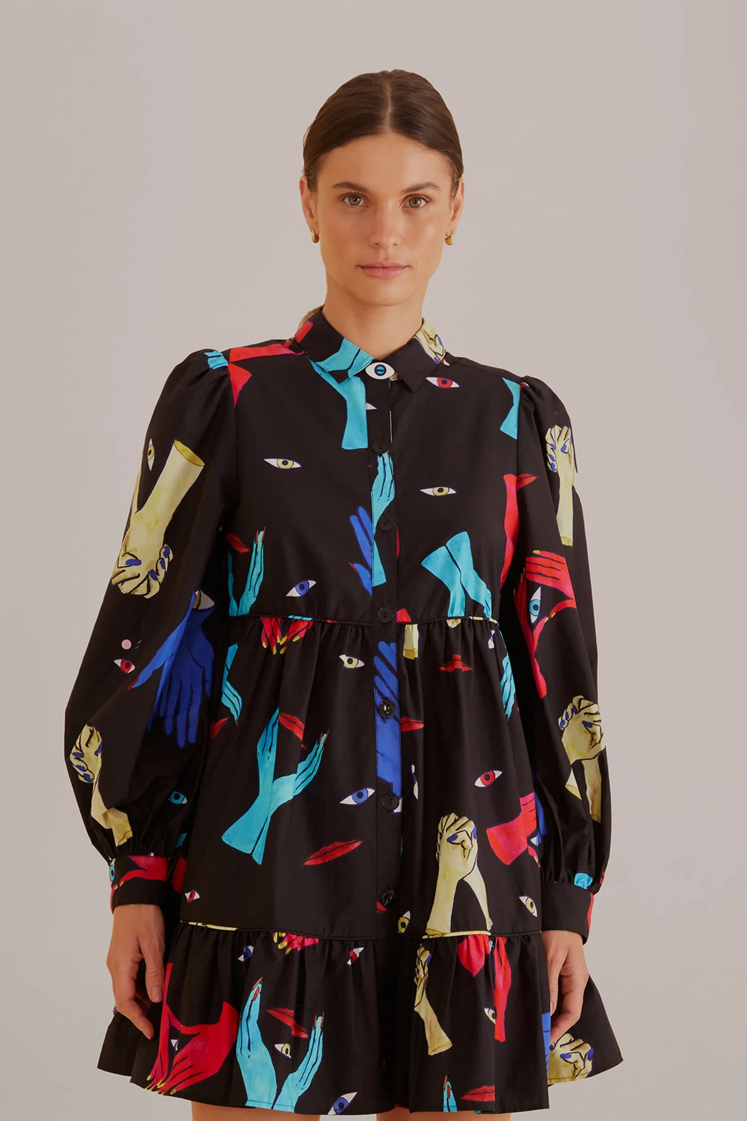 FARM Rio BLACK COLORFUL TOGETHER LONG SLEEVE MINI DRESS