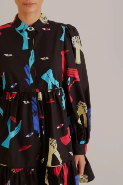 FARM Rio BLACK COLORFUL TOGETHER LONG SLEEVE MINI DRESS