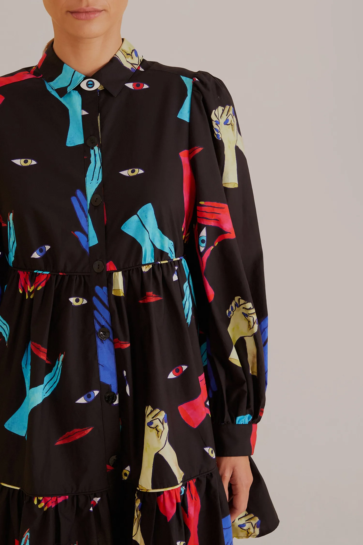 FARM Rio BLACK COLORFUL TOGETHER LONG SLEEVE MINI DRESS