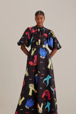 FARM Rio BLACK COLORFUL TOGETHER SHORT SLEEVE MIDI DRESS