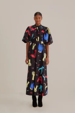 FARM Rio  BLACK COLORFUL TOGETHER SHORT SLEEVE MIDI DRESS